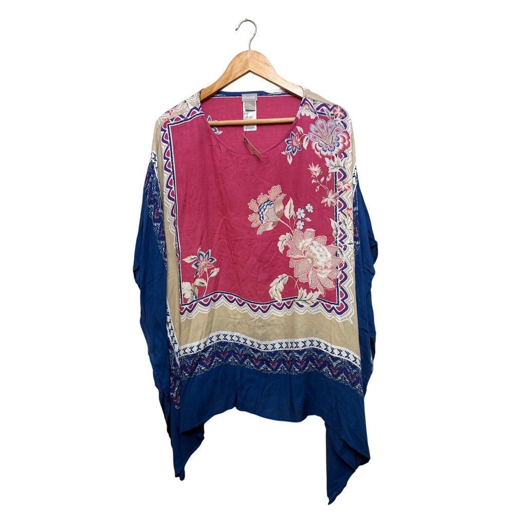 Chicos Floral Patch Poncho Multi‎ Print Pink Blue Rayon Top L/XL NEW